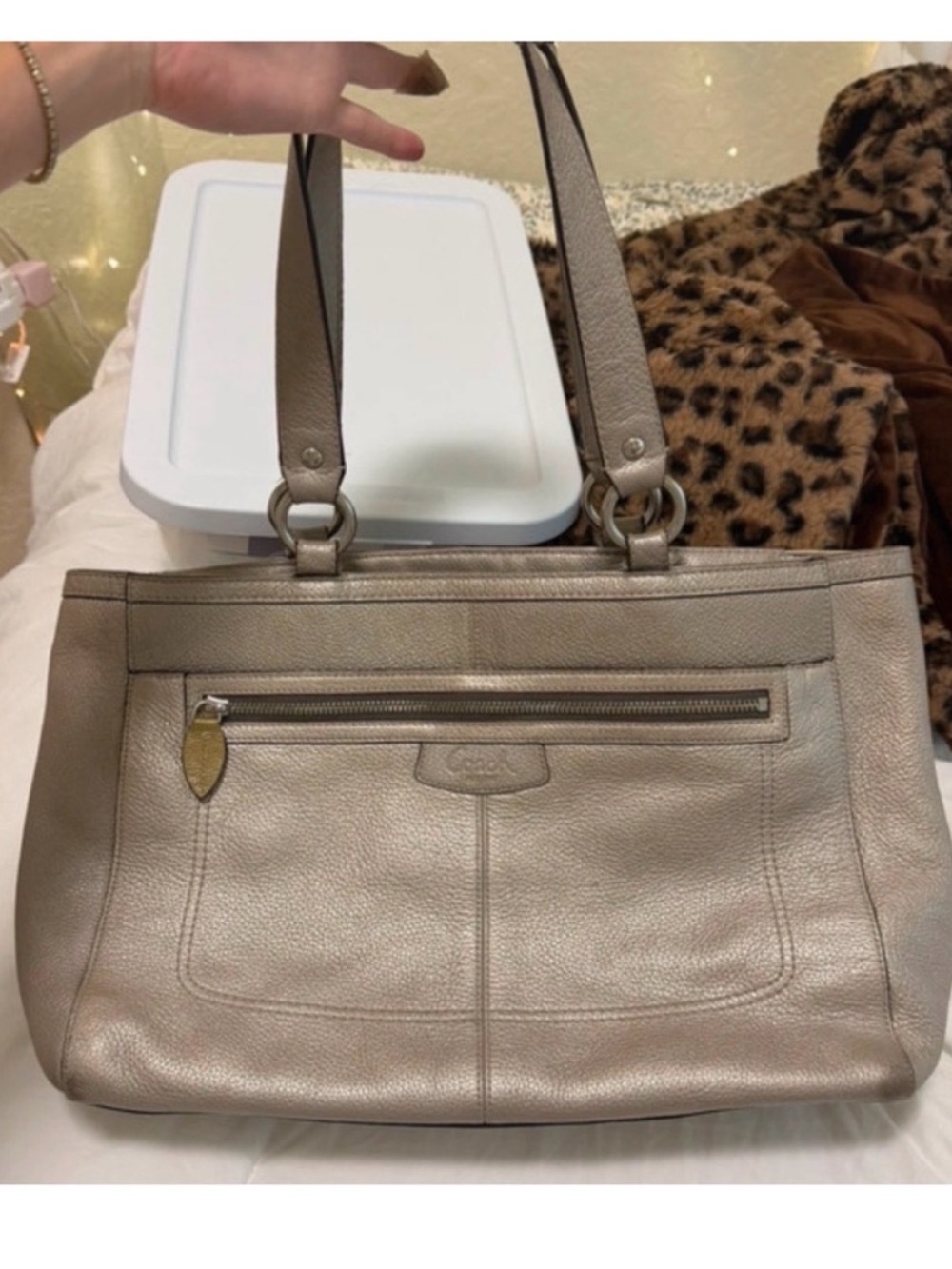 Coach Metallic Taupe Pebbled Leather Shoulder Tote